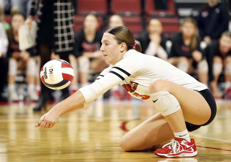 Huntley's Alex Goritz (3) with a save during the IHSA Class 4A girls volleyball third place match Saturday, Nov. 16, 2024 at CEFCU Arena in Normal.