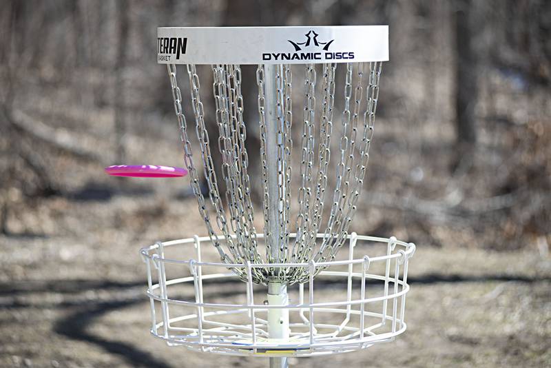 A disc hits its mark during the tournament on Sunday. The group had 39 golfers sign up for the tournament. Many golfers were happy to just be out enjoying the mild weather.