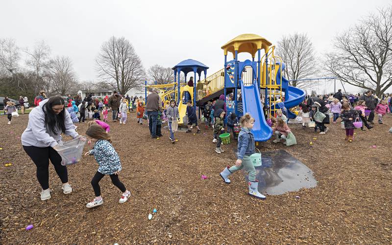 Kids search all around the playground equipment at Centennial School in Polo Saturday, March 30, 2024 during the egg hunt.