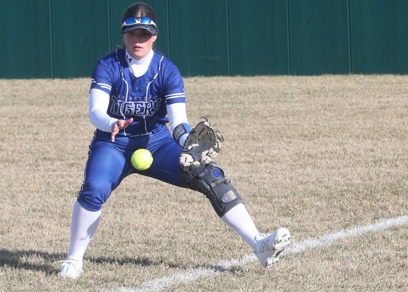 Princeton's Ellie Harp fields a ground ball in the outfield on Tuesday, March 25, 2025 at the L-P Athletic Complex in La Salle.
