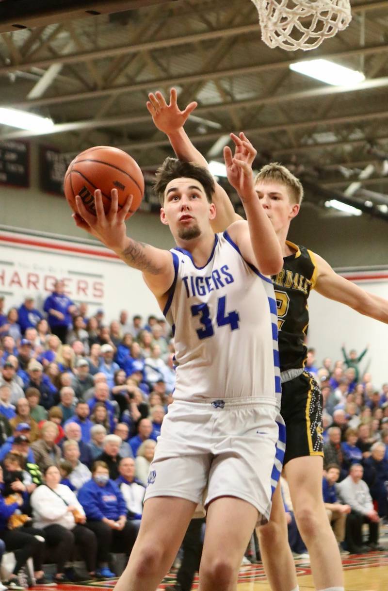 Princeton's Kolten Monroe scores on a second-half drive in Tuesday's 77-40 sectional win over Riverdale at Orion.