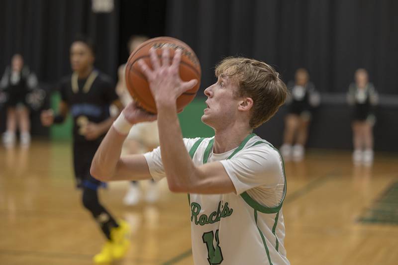 Rock Falls’ Aydan Goff puts up a three point shot against Rockford Christian Tuesday, Jan. 30, 2024 at Rock Falls High School.