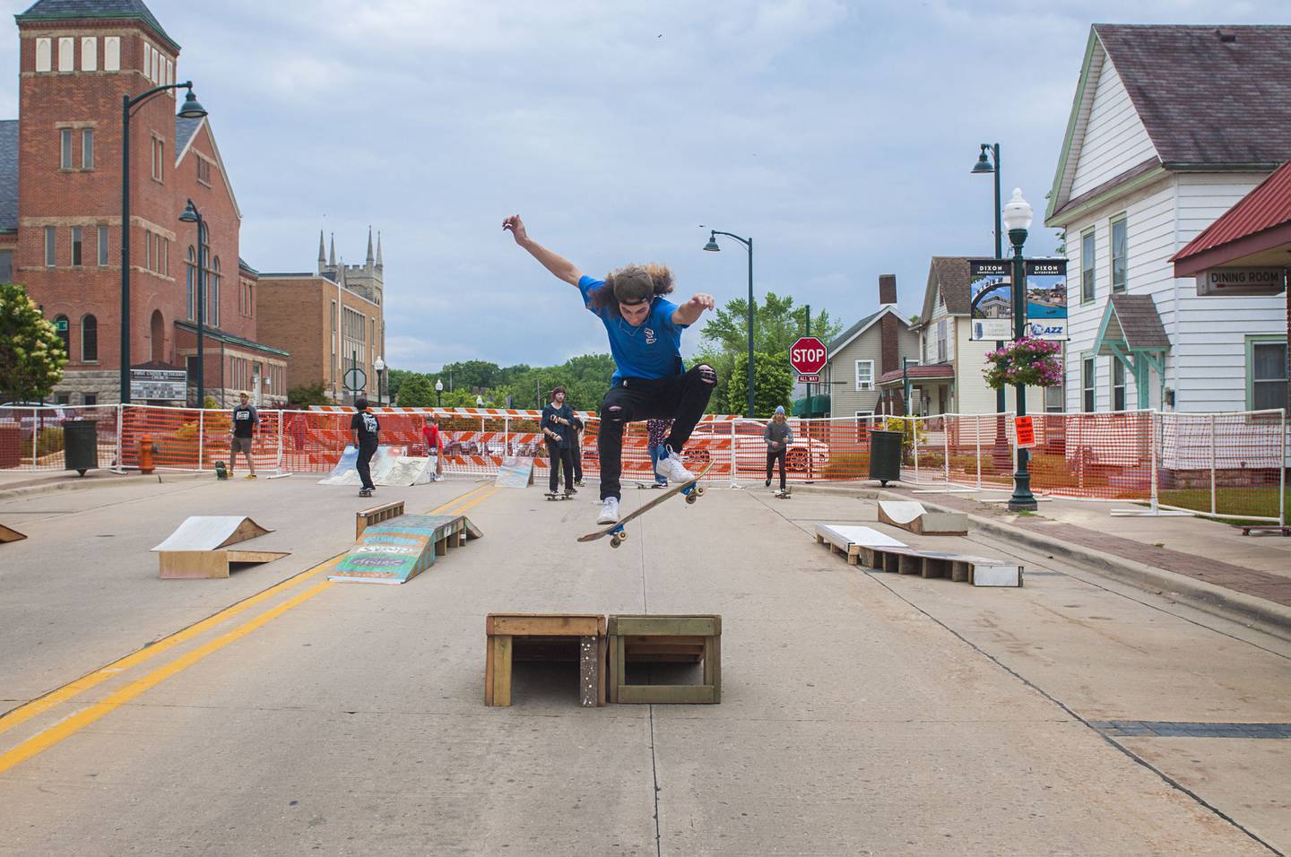 Dylan Hughes of Rock Falls does some skateboarding tricks Saturday, June 11, 2022 in downtown Dixon for Rosbrook Studio’s annual street fair. Skrapparks Skateboards hosted the skating demonstration.