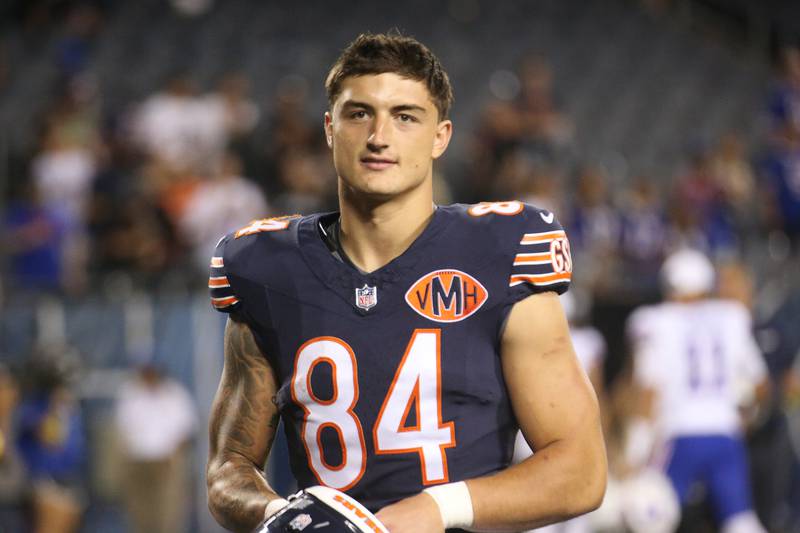 Chicago Bears tight end Colston Loveland walks off the field on Sunday, Aug. 17, 2025 at Soldier Field in Chicago.