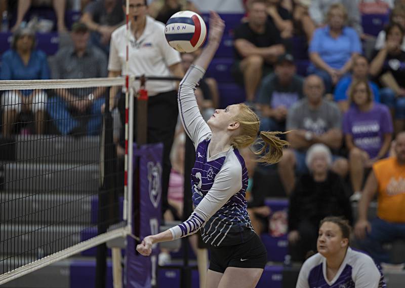 Dixon’s Madyson Tichler hammers a shot over the net against DeKalb Tuesday, Sept. 5, 2023 in a game at Dixon High School.
