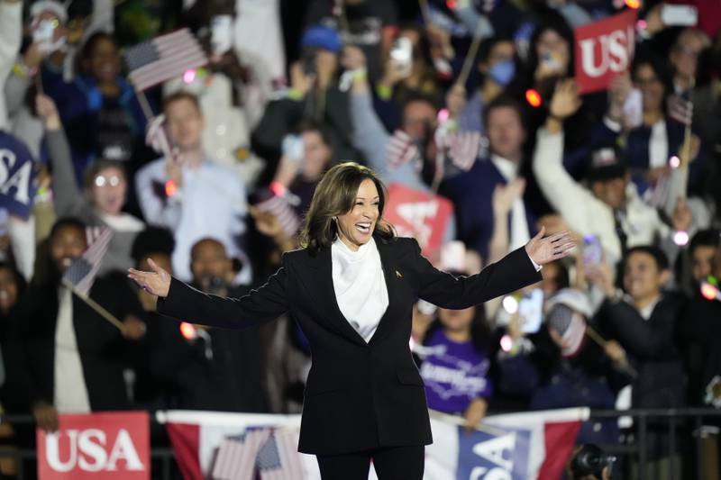 Democratic presidential nominee Vice President Kamala Harris arrives to deliver remarks during a campaign event at the Ellipse near the White House in Washington, Tuesday, Oct. 29, 2024. (AP Photo/Stephanie Scarbrough)