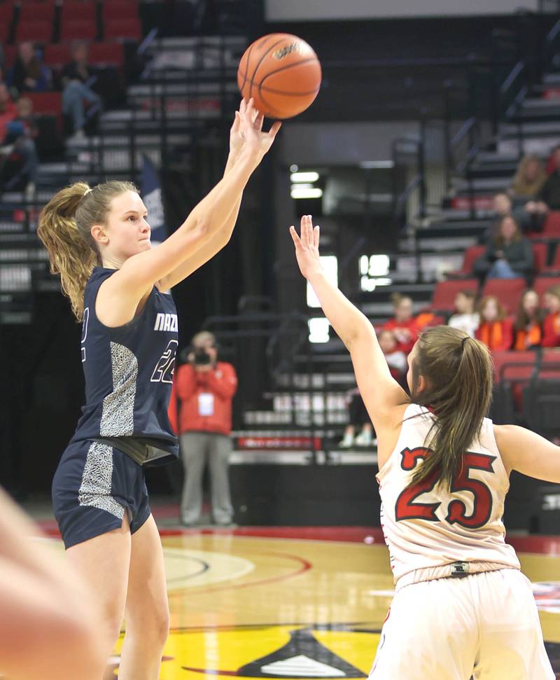 Nazareth's Gracie Carstensen makes a three over Morton's Ellie VanMeenen during their Class 3A state semifinal game Friday, March 4, 2022, in Redbird Arena at Illinois State University in Normal.