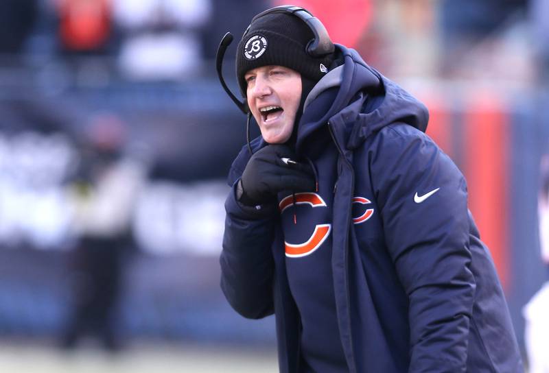 Chicago Bears head coach Matt Eberflus questions a call during their game against Buffalo Sunday, Dec. 24, 2022, at Soldier Field in Chicago.