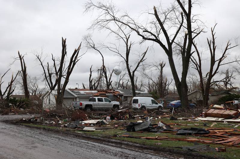 Damage is seen along Strasma North Drive in Aroma Park on March 11, 2026 following a March 10 tornado that passed through Kankakee County.