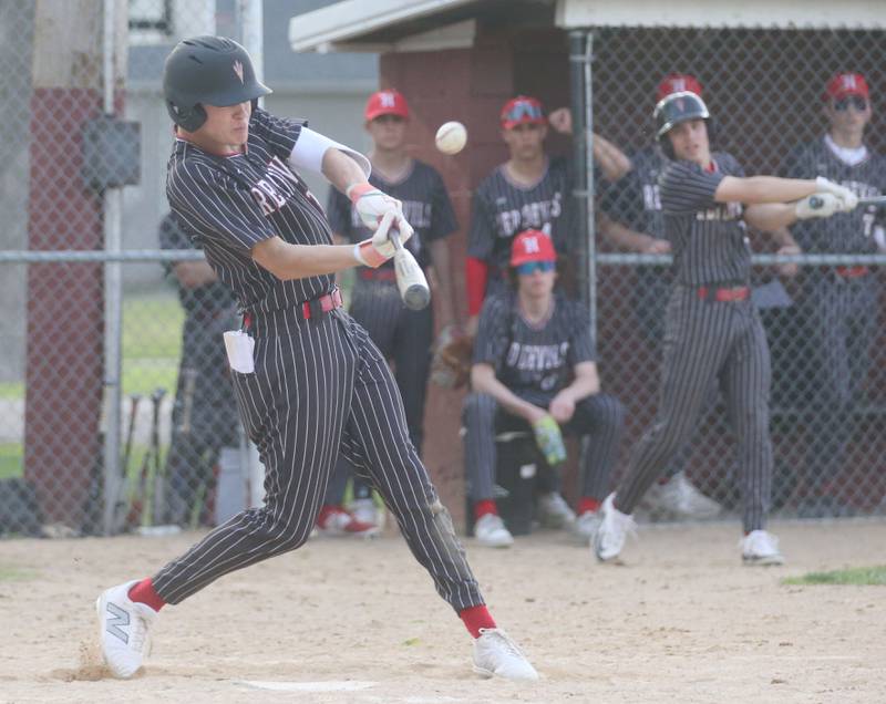 Hall's Clayton Fusinetti smacks a double against Erie-Prophetstown on Monday, April 28, 2025 in Foley Field at Kirby Park in Spring Valley.