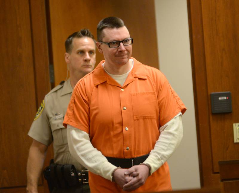 Duane Meyer, 41, of Stillman Valley, is escorted into an Ogle County courtroom by Correctional Officer Dan Daub on Tuesday, Aug. 29, 2023.