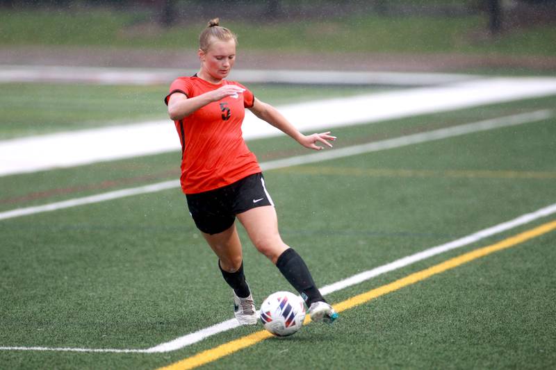 Crystal Lake Central’s Lizzie Gray keeps control of the ball during the Class 2A state championship game against Triad at North Central College in Naperville on Saturday, June 1, 2024.