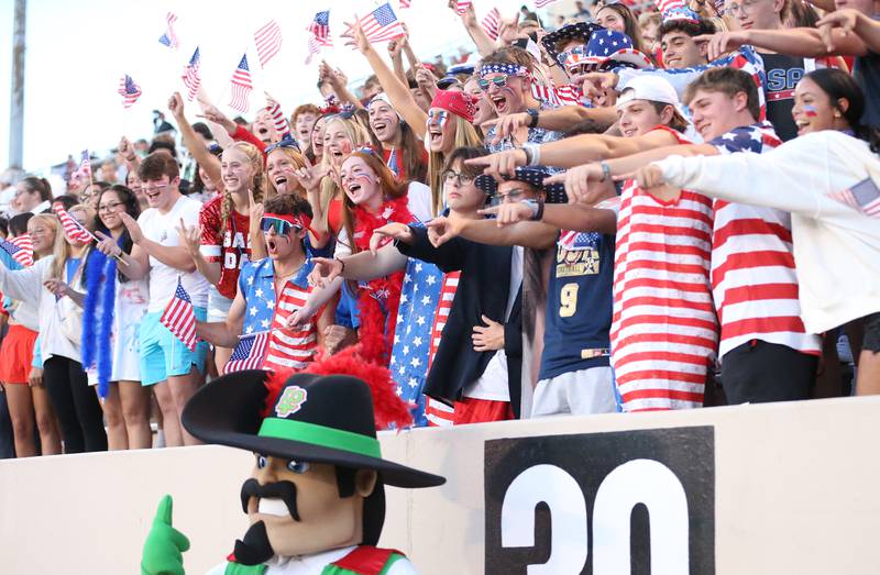 L-P superfans pose with the Sir Ranier Cavalier mascot on Friday, Sept. 1, 2023 at Howard Fellows Stadium.