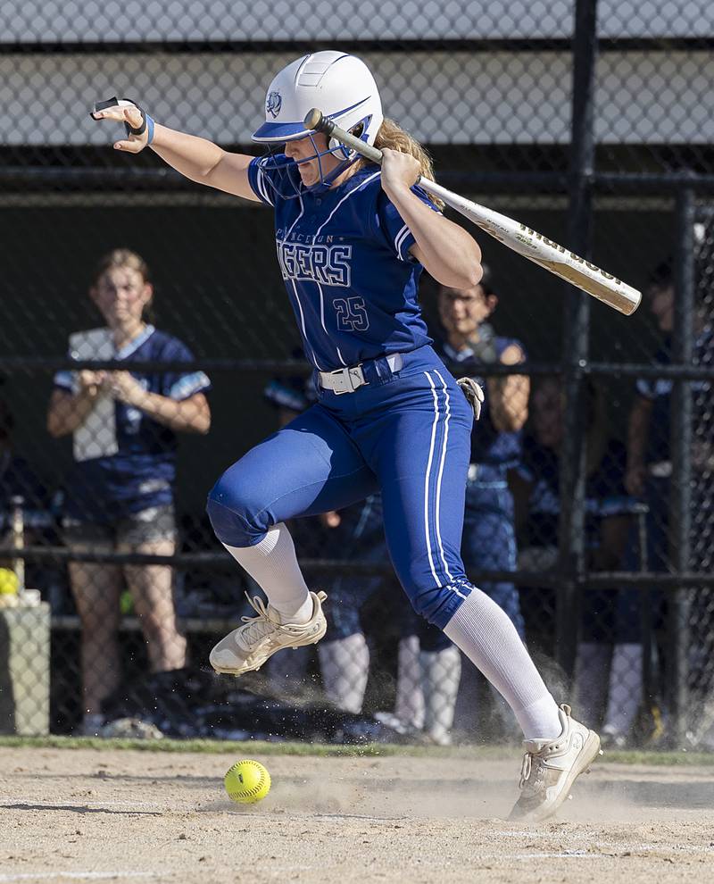 Princeton’s Kelsea Klingenberg gets hit with a pitch against Bureau Valley slide in at second Friday, May 17, 2024 at the Class 2A regional semifinals in Rock Falls.