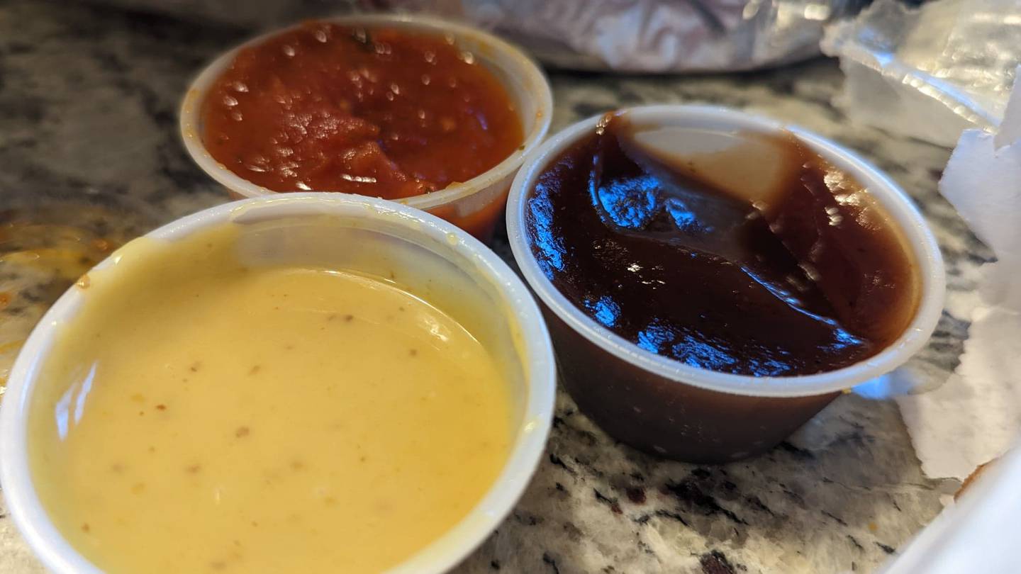 Pictured are the three sauces that came with our appetizers at Mark's on 59 in Shorewood: marinara, barbecue and honey mustard.