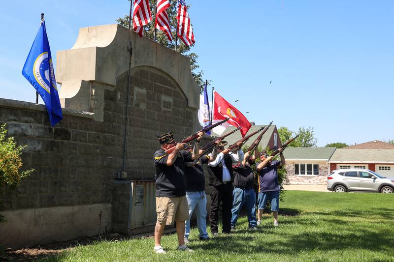 Members of the Bradley American Legion perform a rifle salute during the Bradley American Legion's Memorial Day ceremony on Monday, May 25, 2026.