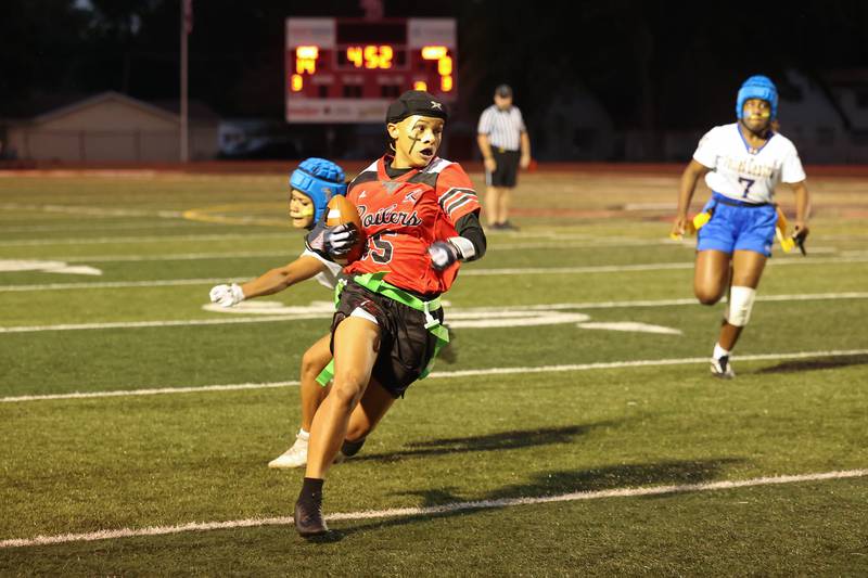 Bradley-Bourbonnais' Nevaeh Brown evades a Joliet Central defender during the Boilermakers' 60-7 victory over Joliet Central in the season opener on Aug. 25, 2025.