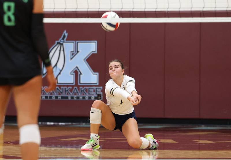 Lemont's Nora Miller volleys a serve during Lemont's loss two sets, 25-25, 25-18, to Providence in the IHSA Class 3A Kankakee Sectional championship on Thursday, Nov. 6, 2025.