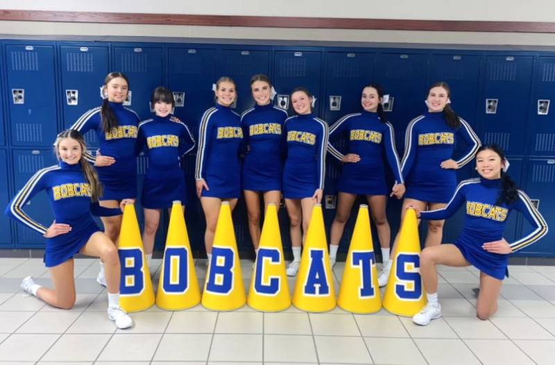 The Somonauk High School competitive cheer team has qualified for this weekend’s IHSA State Preliminaries at Grossinger Motors Arena in Bloomington, with the Bobcats cheer squad competing in the Small Division at 10:10 a.m. Friday with hopes of advancing to Saturday’s IHSA State Finals. This is the team’s 10th time qualifying for state in head coach Laci Mcconnaughay’s 15 years leading the program. The Somonauk competitive cheer team includes (left to right) Sophie Diebold, Kennedy Anderson, Caitlyn Garich, MacKenzie Svatek, Ellie Zaleski, Jezlyn Dierdorff, Harper Shaw, Olivia Taylor and Ella Punsalan, and is coached by McConnaughay and assistants Rylie Passero and Kara Anderson.