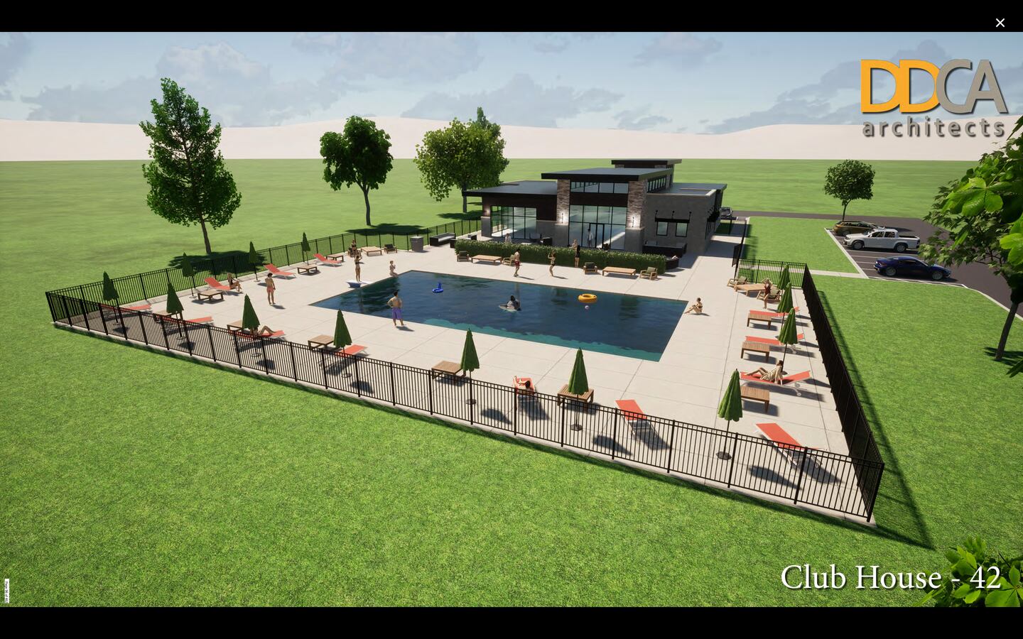 Renderings show a proposed clubhouse and pool for a development with residential, commercial and a hotel pitched for Route 47 and Powers Road in Huntley.