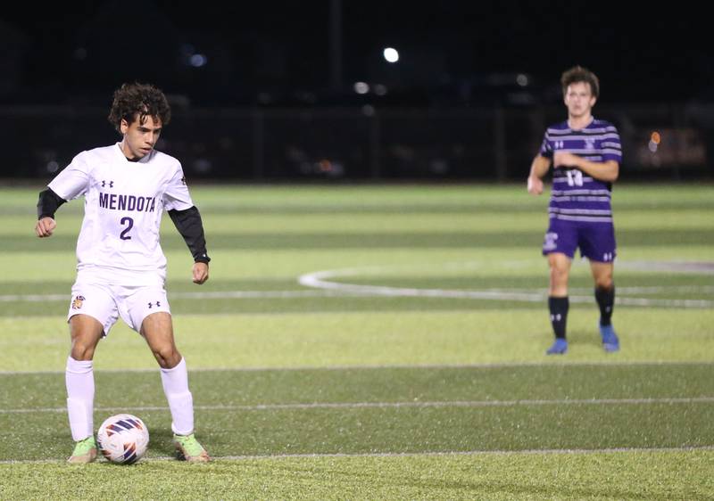 Mendota's Angel Orozco looks to pass the ball off against Peoria Christian during the Class 1A Sectional game on Wednesday, Oct. 30, 2024 at Chillicothe High School.