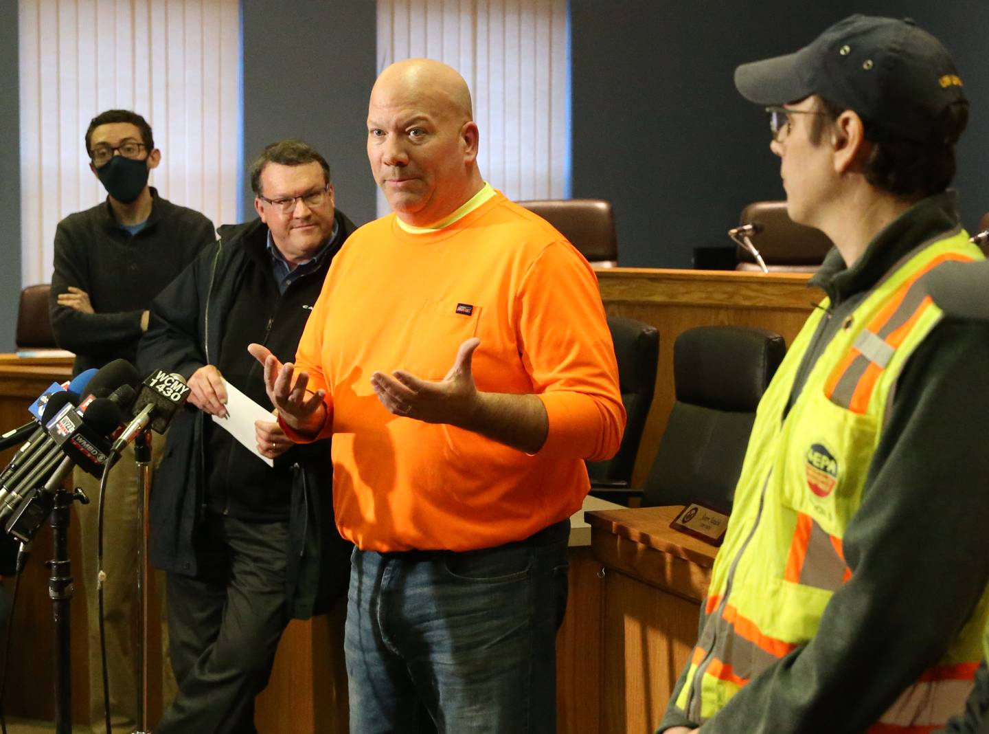 La Salle mayor Jeff Grove (center) takes questions from the media during a press conference on Wednesday, Jan. 11, 2023 at La Salle City Hall.