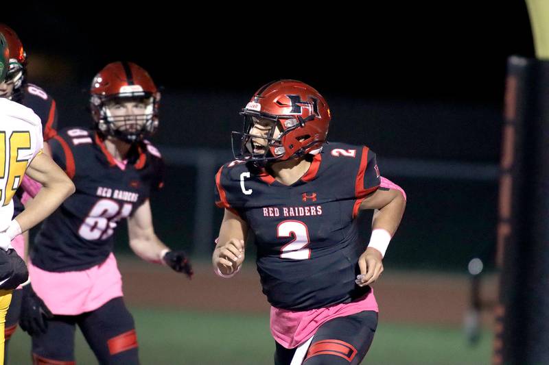 Huntley’s Sam Deligio reacts with a smile following a Red Raider first-half touchdown against Crystal Lake South in varsity football action at Huntley Friday evening.