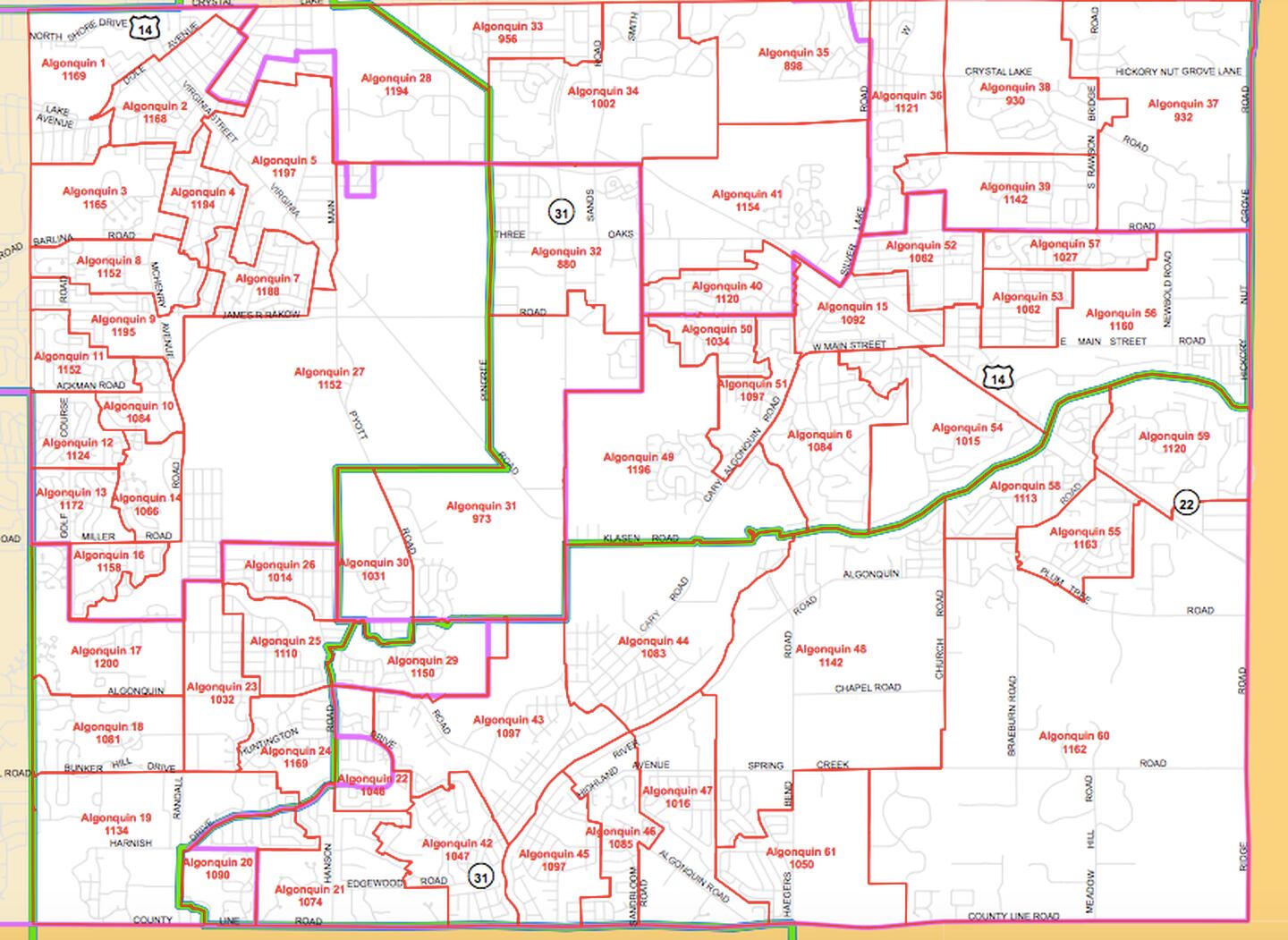 A map showing an initial proposal for new voting precincts for 2022 in Algonquin Township.