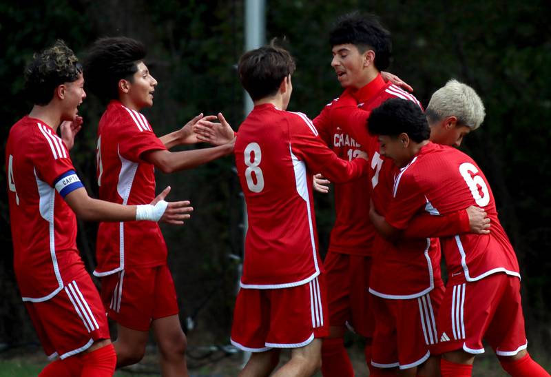 Dundee-Crown’s Chargers celebrate a Hugo Arista goal against St. Charles East in IHSA Class 3A Regional Championship soccer at Dundee-Crown High School in Carpentersville on Saturday, October 25, 2025.