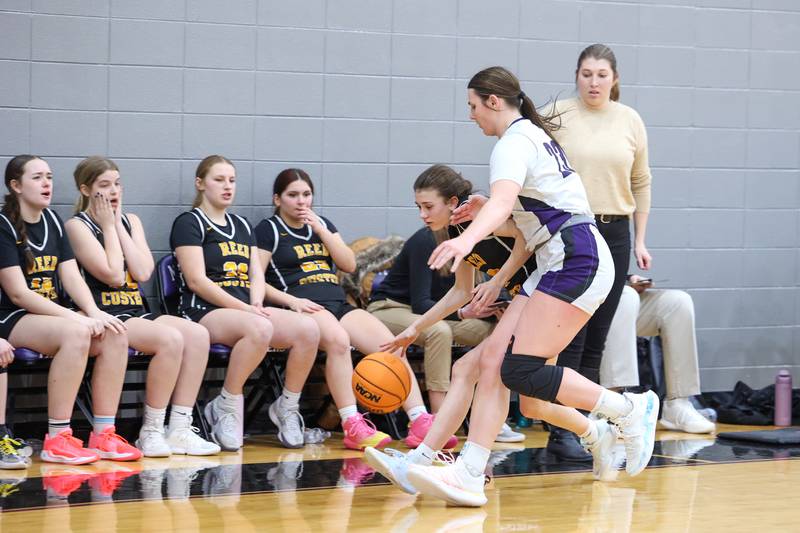 Reed-Custer's Alyssa Wollenzien is defended by Manteno's Maddie Gesky late in the fourth quarter during Reed-Custer's 45-42 victory over Manteno on Monday, Feb. 2, 2026.