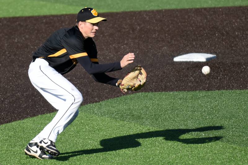 Herscher's Mason Roberts fields a ground ball during a home game against Manteno Monday, May 11, 2026.