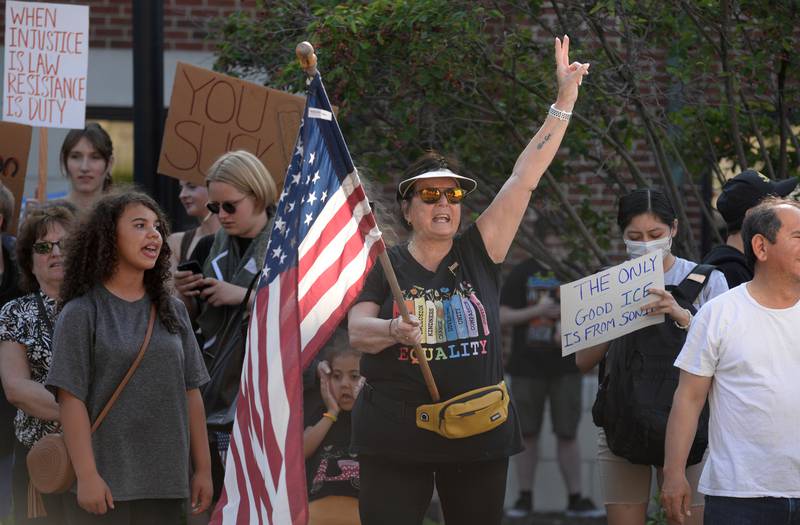 Margaret Lincoln of LaGrange helps chant "86 47" during the No Kings Day Rally held in LaGrange Saturday June 14, 2025.