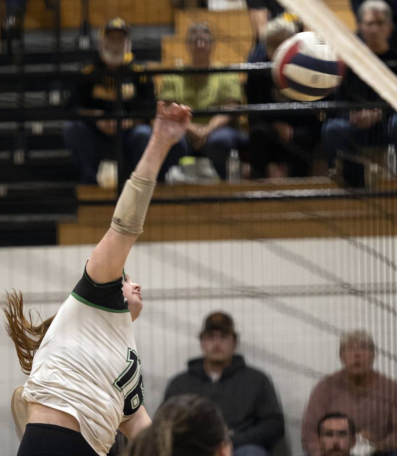 Rock Falls' Taylor Segneri spikes against Riverdale Tuesday, Oct. 28, 2025, in the Class 2A regional semifinal at Rock Falls.