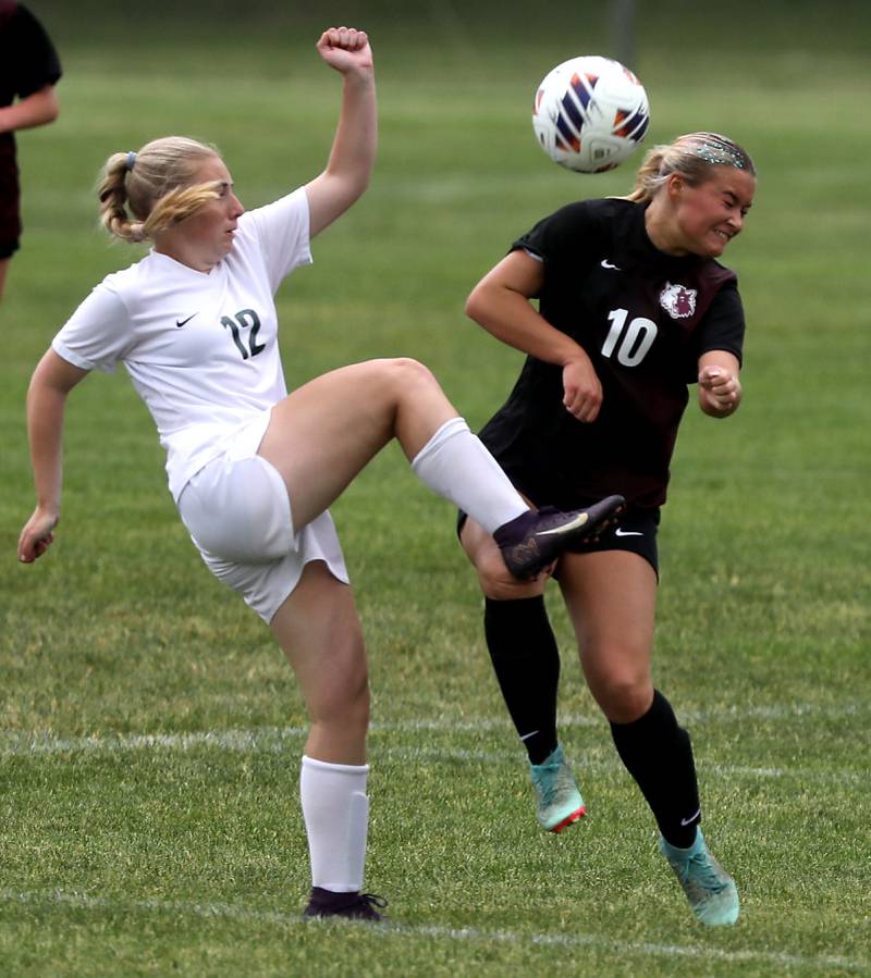 Crystal Lake South's Raelynn Ranum kicks the ball away from Prairie Ridge's Maria Falkowska during a Class 2A Crystal Lake Central Regional girls soccer semifinal match on Tuesday, May 19, 2026, at Crystal Lake Central High School.