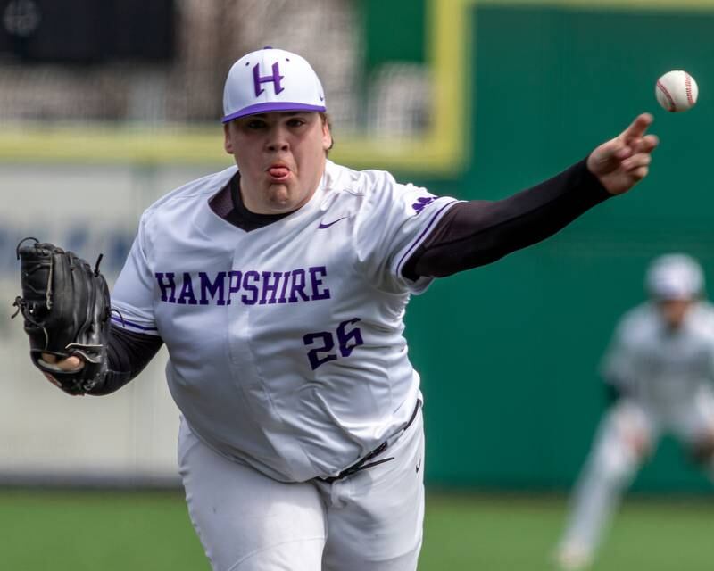 Hampshire's Jack Schane (26) delivers a pitch during baseball game between Dixon at Hampshire.  March 28, 2024