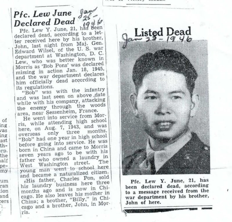 A clipping from the Morris Daily Herald regarding Lew Yee June's death.