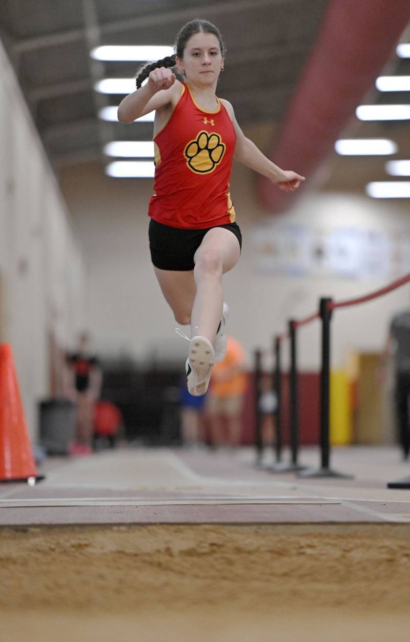 Wheaton Warrenville’ South’s Keelin Fogarty wins the triple jump with 35’ 7” at the Dukane Conference girls indoor track and field meet at Batavia High School on Friday, March 15, 2024.