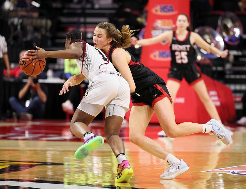 Benet Academy's Lenee Beaumont (5) pressures O'Fallon's Jailah Pelly (1) late in the game during the IHSA Class 4A girls basketball championship game at the CEFCU Arena on the campus of Illinois State University Saturday March 4, 2023 in Normal.
