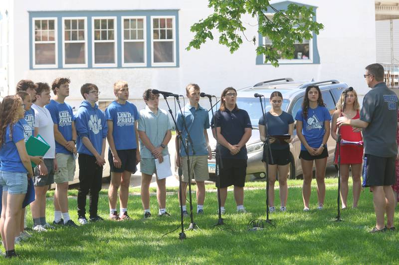 Princeton High School Madrigal Singers lead the National Anthem during the Memorial Day service on Monday, May 25, 2026 at Soldiers and Sailors Park in Princeton.