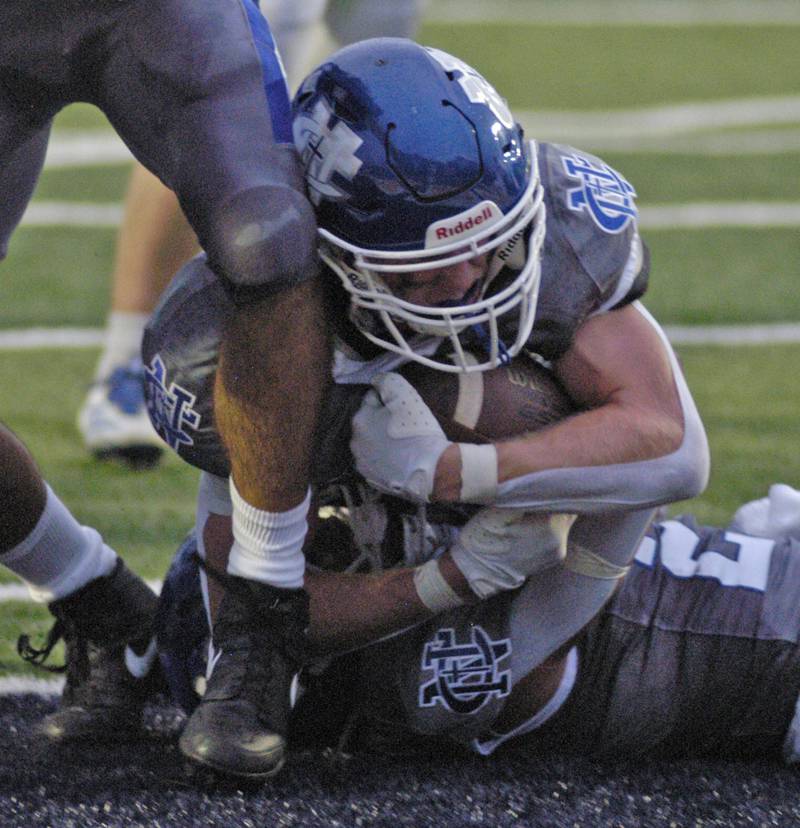 George Jungerman scores Newman's first touchdown. Newman Central Catholic H.S hosted Princeton H.S. in a non-conference football game at Sterling H.S, on Friday, August 29, 2025.