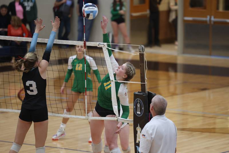 Providence’s Abbey Knight stretches for the shot against Joliet Catholic on Thursday, Sept. 14, in Joliet.