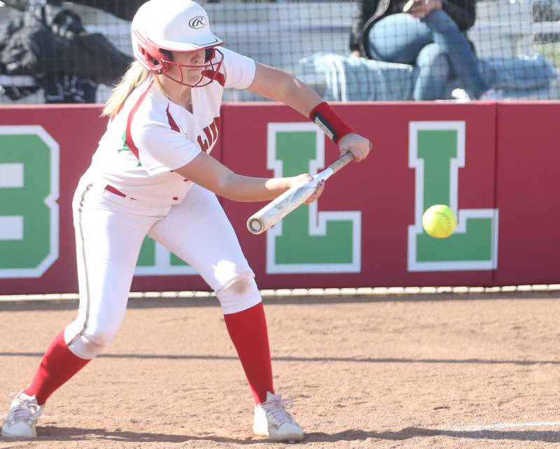 L-P's Taylor Vescogni lays down a bunt against Kaneland on Wednesday, April 2024 at the L-P Athletic Complex in La Salle.