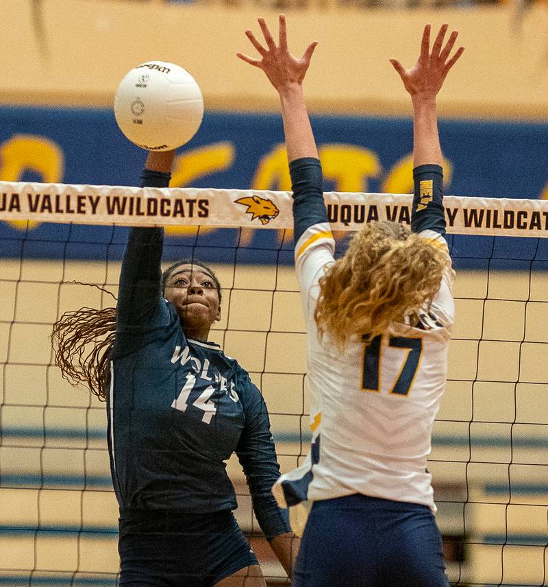 Oswego East's Cailyn Smiley (14) goes up for a kill against Neuqua Valley's Brianna Clasen (17) during the Neuqua Valley 4A regional final volleyball match at Neuqua Valley High School in Naperville on Thursday, Oct 27, 2022.