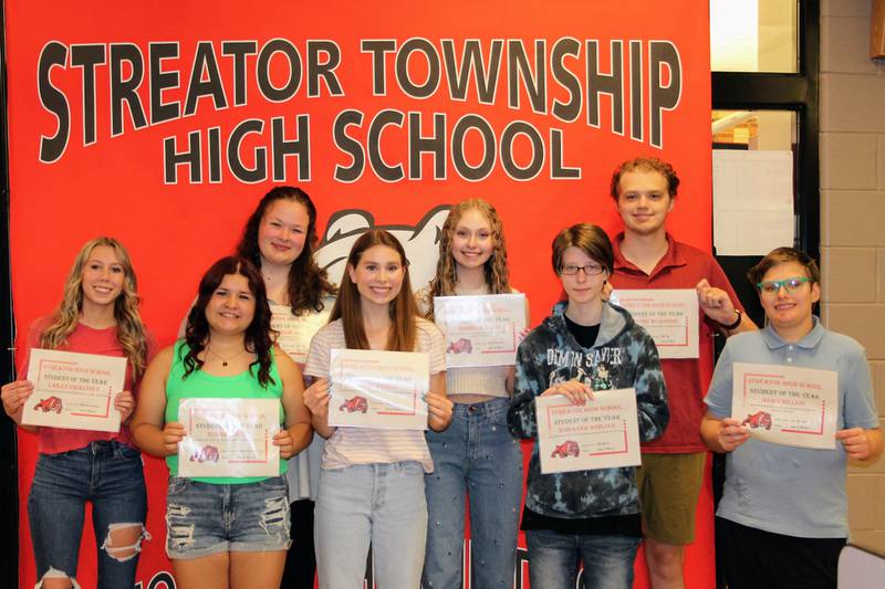 Streator High School students of the year for 2022-2023 are (Left to right) Cailey Gwaltney, Iliana Gomez, Abby Pierce, Adrianna Ashlock and Adam Million; (second row, left to right) McKenzie Bruce, Isabella Tutko and Murphy Wilkinson. Not pictured are Connor Akin and Syria Zuniga.