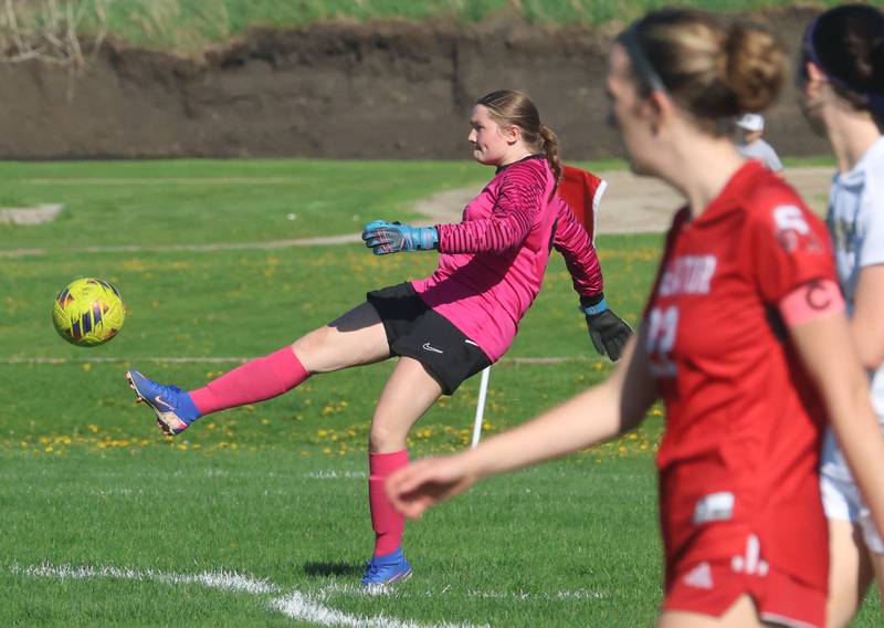 Serena/Newark/Earlville keeper Katelyn Hoffman drop kicks the ball on Thursday, April 16, 2026 at the James Street Recreational Complex in Streator.