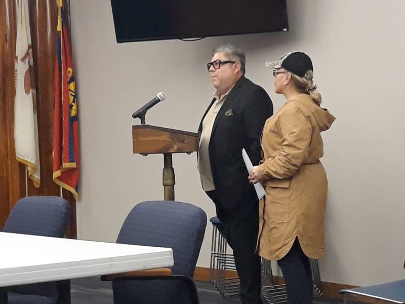 Tony (left) and Eluvinda Loera, of Adonai Ministries in Aurora, speak Tuesday, Aug. 9, 2022, in front of the Streator Plan Commission about their request to convert the former Sherman School building into a Christian elementary school.