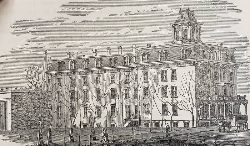 This drawing dates to 1878, showing the cupola atop the fifth story. The Nachusa House omnibus can be seen on the right, ready to shuttle guests to the railroad depots.