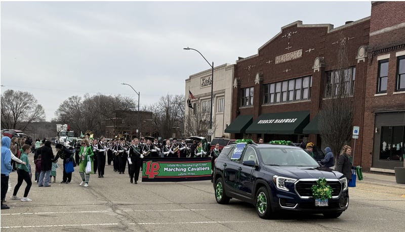 The La Salle-Peru High School Marching Cavaliers in the 2026 St. Patrick's Parade.