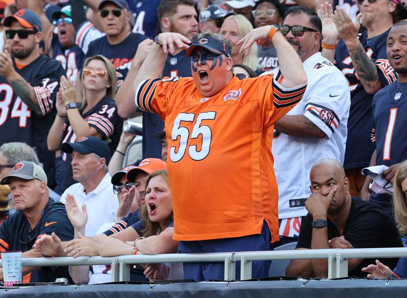 Chicago Bears fans express some emotion during their game against the Green Bay Packers Sunday, Sept. 10, 2023, at Soldier Field in Chicago.