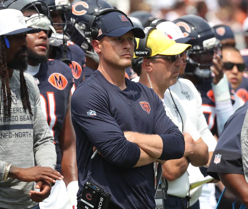 Chicago Bears head coach Ben Johnson watches his team Sunday, Aug. 10, 2025, during their game against the Miami Dolphins at Soldier Field in Chicago.